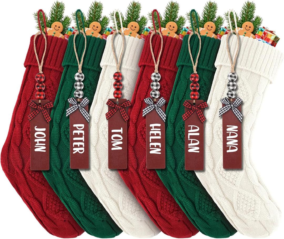6PACK LumaBria18Inch Cable Knitted Personalized Christmas Stockings, Personalized Hanging Stockings for Holiday Party, Christmas Tree, and Family Home Decor in Red, White, Green
