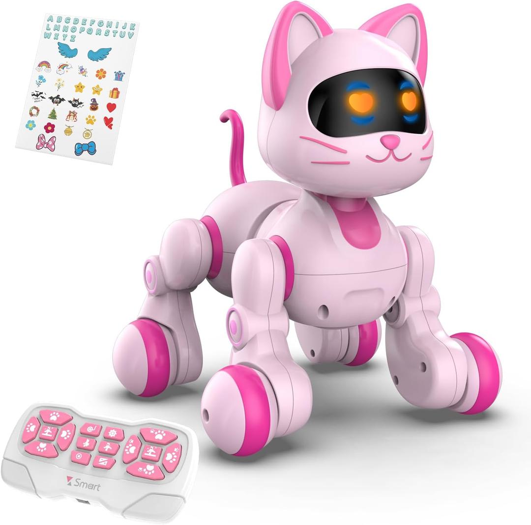 STEMTRON Programmable Remote Control Robot, Robotic Cat & Dog, RC Robot with Touch Sensing, LED Eyes, Dance & Music, Sticker