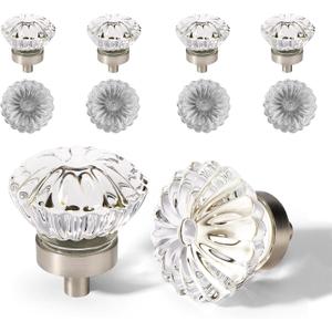 Crystal Vintage Cabinet Knobs Cabinets Knob, 8 Pack Flower Glass Brushed Nickel Clear Crystals Small Pull for Closet Dresser Drawers Cupboard Wardrobe, Solid Retro Pulls Old Fashioned Drawer Handle
