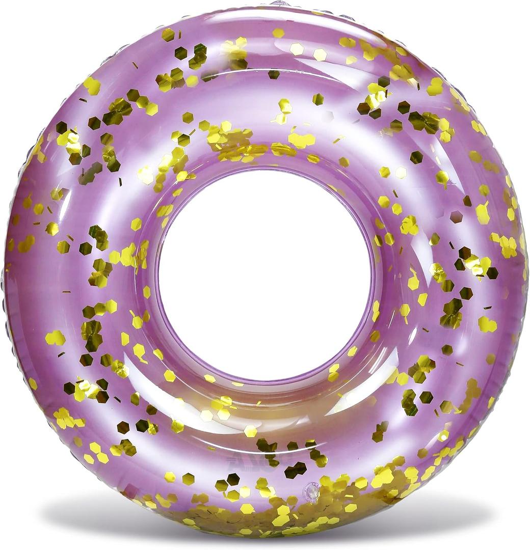 POZA Inflatable Pool Float Tube  Sparkly Confetti Swim Ring, Heavy Duty UV Resistant Inflatable Tube Pool Float for Kids & Adults  Multiple Colors & Sizes  Beach, Lake & Pool Party Float (36", Purple Gold)