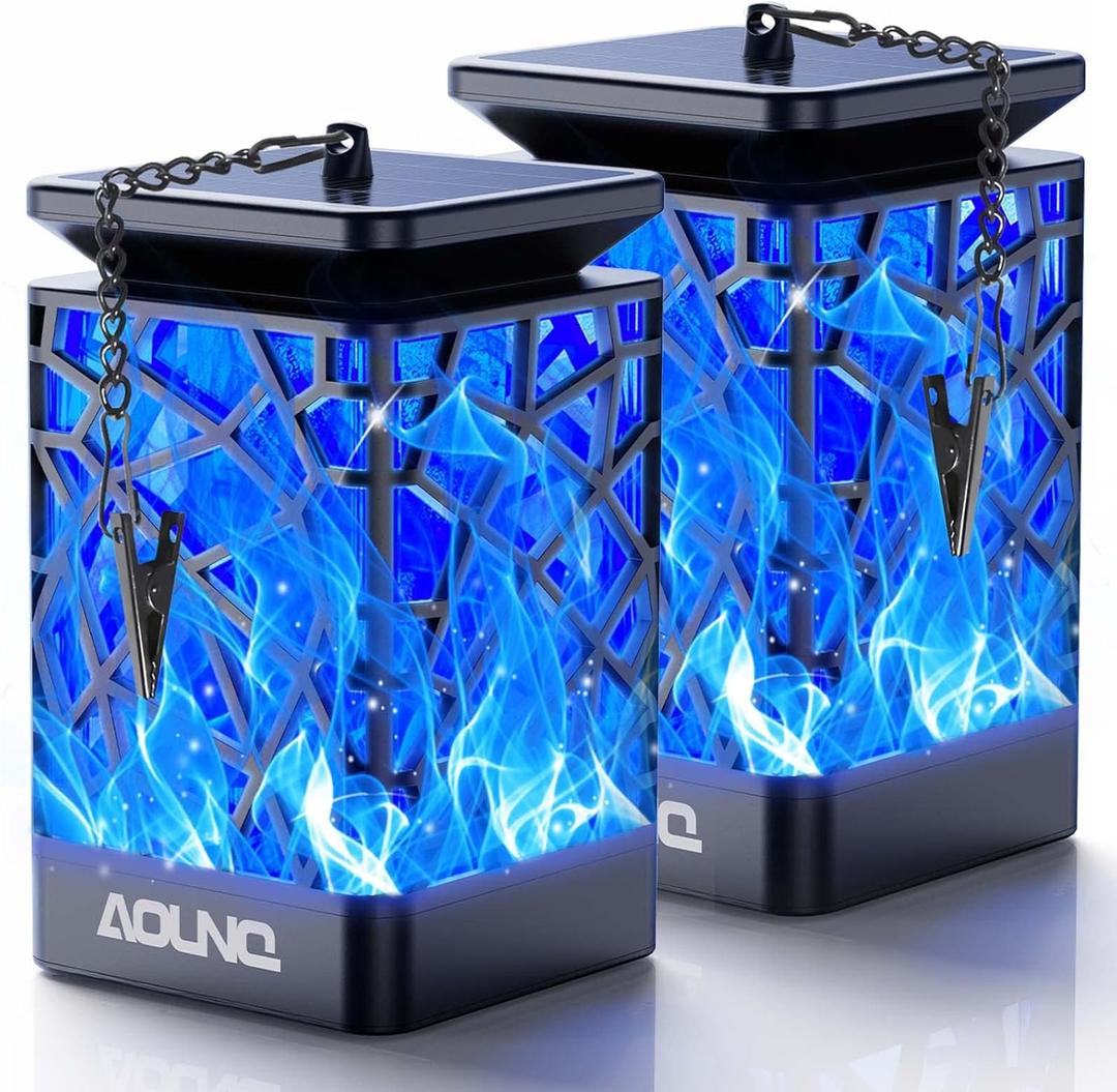 Solar Lanterns Outdoor Waterproof, Upgraded 99 LEDs Hanging Solar Lights for Outside with Auto On/Off & Metal Clip, Blue Flickering Flame Outdoor Lanterns Decorative for Garden Yard, 2 Pack