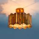 Antique Brass Ceiling Light Fixture in Drum Shape, 12.5 Semi Flush Mount Stained Tiffany Lamp with Mable Green Glass, 3 Light Round Ceiling Hanging Lighting for Foyer Hallway Bedroom Kitchen