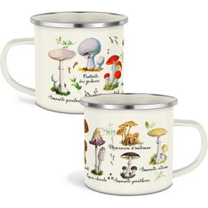 Cunhill Mushroom Enamel Mug Set 2 Pieces Back to School Teacher Gifts Kawaii Mushroom Coffee Cup Thank You Gift Enamel Camp Mug Cute Decor Tin Tumbler Travel Spring Hiking Walking Camping(White)