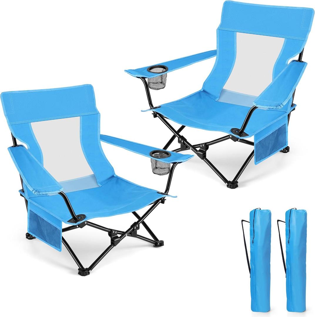 HaSteeL Folding Beach Chair Set of 2, Foldable Blue Camping Chairs for Outside, Low Beach Chair Portable for Adults Fishing, Picnic, Outdoor BBQ, Travel, Sports, Cup Holder & Storage Bag, 28 X 6 Inches , Oversized