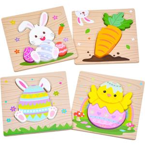 4 Pack Easter Wooden Puzzles for Kids Toddler Easter Basket Stuffers Toys Gifts Party Favor Boys Girls Classroom Exchange Toys