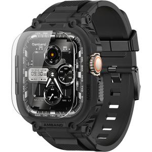amBand Bands Case Screen Protector Compatible with Apple Watch Ultra 2/1 49mm for Men, M1 Sport Series Rugged Cover Strap and 9H Tempered Glass, Military Protective Bumper for iWatch 49 mm Men Black
