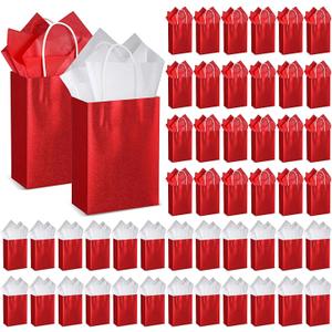 Colarr 50 Pcs 8.2 x 5.9'' Glitter Kraft Paper Favor Bag with 100 Tissue Wrapping Paper Bulk, Xmas Wrap Bags Gift with Handle for Christmas Wedding Bridal Baby Shower Birthday(Red)