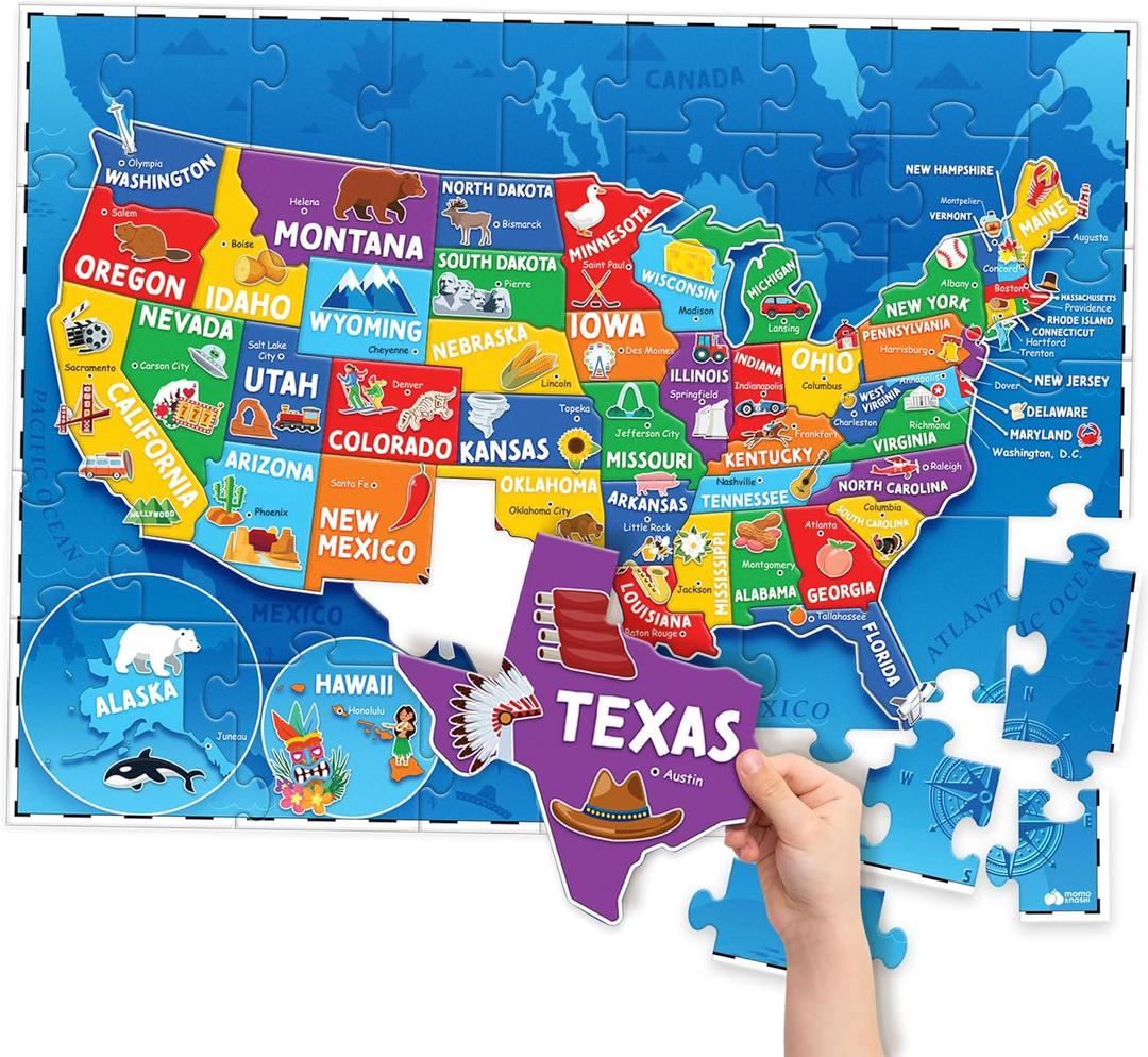 United States Puzzles for Kids Ages 4-6 - Educational Toys for Boys & Girls - 70Pcs USA Map Kids Puzzle with 50 States & Capitals - Floor Jigsaw Puzzles - Fun Learning Activities & Gifts for Children