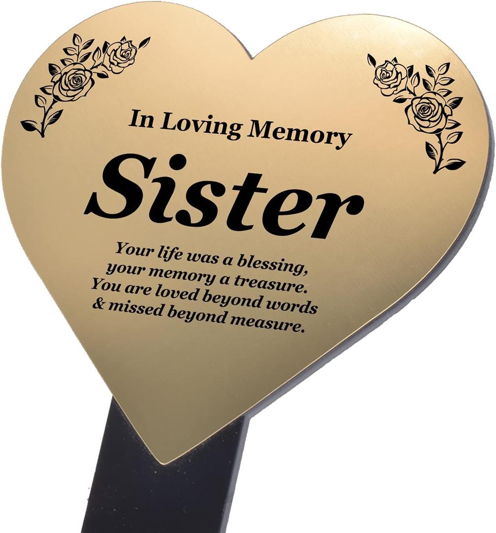 Sister Heart Shaped Memorial - Gold plaque mounted onto a black stake