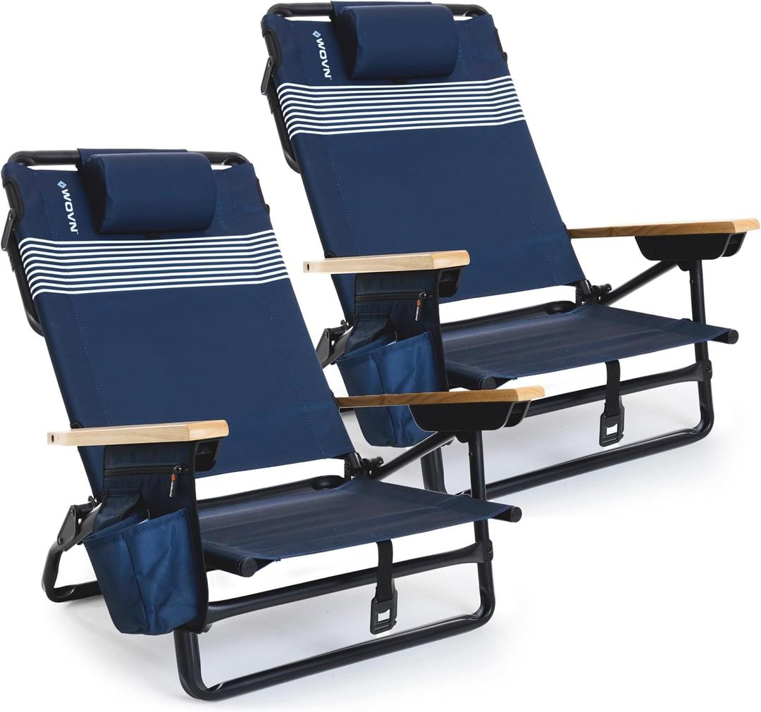 WOVN Premium Reclining Beach Chairs 2 Pack - Portable Lay Flat Folding Beach Chair for Adults - Includes Shoulder Backpack Strap, Pillow, 2 Pockets, and Cup Holder - Lido