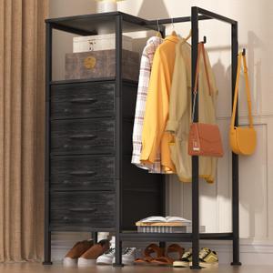 Dresser with Hanging Rack, 4 Drawers Small Closet for Bedroom, Reversible Fabric Kids Chest of Drawers with Clothes Rack, Tall Storage Tower, Sturdy Frame, Black, 44''H, 11.8"D x 29.5"W x 44"H