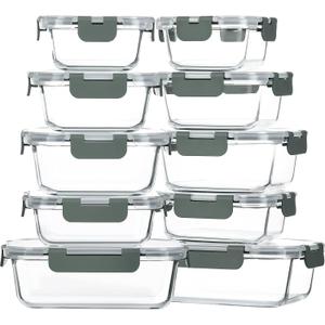 M MCIRCO 10-Pack Glass Food Storage Container with Lids, Airtight Lunch Bento Boxes, Glass Meal Prep Container,Microwave, Oven, Freezer and Dishwasher Friendly (Gray)
