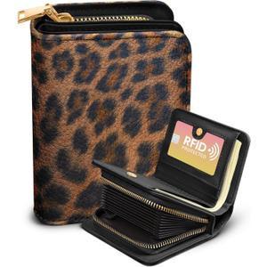 Bistup Credit Card Holder Wallet for Women Cute Leather Ladies Teen Girls Female Cardholder Wallets Accordion Purse Small Medium Aesthetic Print Leopard Modern Design Rfid Zipper Around