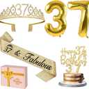 37th Birthday Decorations for Women Gold with 37th Birthday Sash and Tiara, Cake Topper and Candles, Number Balloons, 37 Year Old Gifts for Women