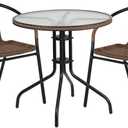 Flash Furniture Lila 28'' Round Glass Metal Table with Dark Brown Rattan Edging and 2 Dark Brown Rattan Stack Chairs