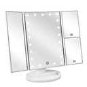 deweisn Floor Mount Tri-Fold Lighted Vanity Mirror with 21 LED Lights, Touch Screen and 3X/2X/1X Magnification, Two Power Supply Modes Make Up Mirror,Travel Mirror