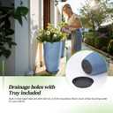 QCQHDU Set of 2 9 Gallon Tall Large planters for Outdoor/Indoor Plants of 12" Dia x 21" H Round Flower Pots Set Faux Stone Finish Front Door Patio Square Porch Planters with Tray, Sky Blue, 21in