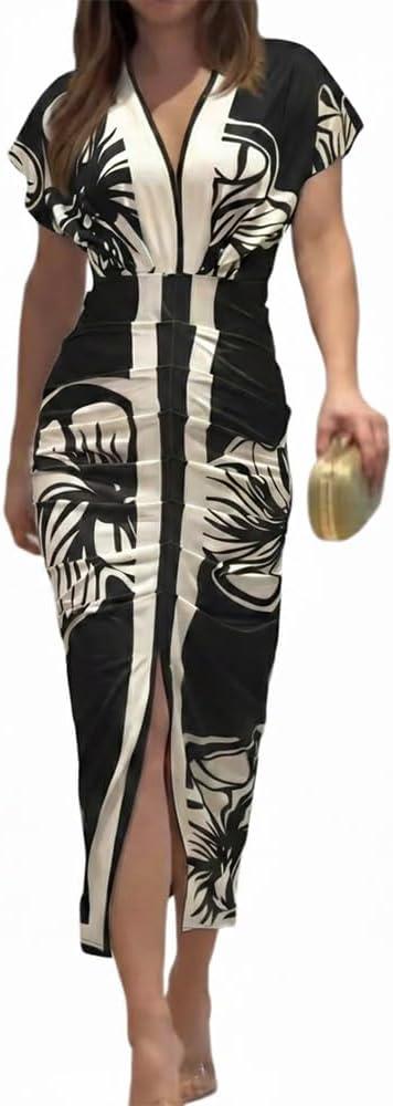 CHICME Summer Dresses for Women Floral Print Plunge V Neck Midi Dress Casual Ruched Slit Bodycon Party Dress Large, A-black