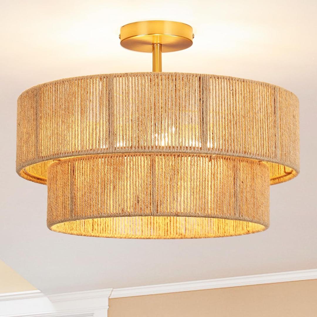 18" Boho Semi Flush Mount Ceiling Light Gold Rattan Ceiling Light Farmhouse Ceiling Lamp with Natural Hemp Rope Lampshade for Dining Room Living Room Bedroom Kitchen