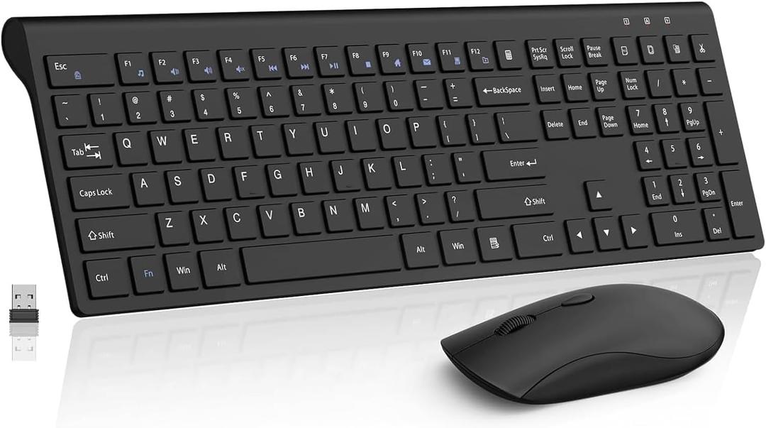 Wireless Keyboard and Mouse Combo, Silent Full-Size Computer Keyboard with Calculator Button, 2400 DPI Mice, Quiet Click, Slim Cordless USB Set for Laptop PC Windows Mac - Black