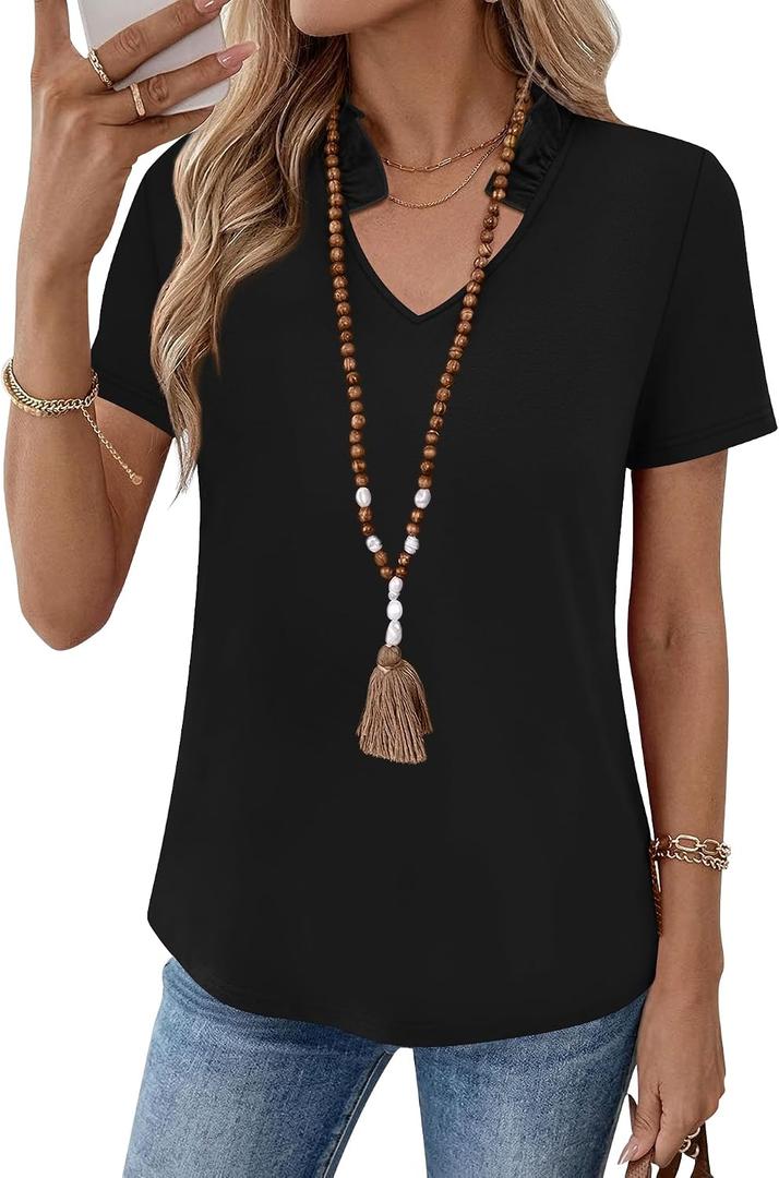 Kistore Womens Summer Tops Short Sleeve V Neck Casual Shirts Beach Vacation Dressy Work Blouses (Black, L)