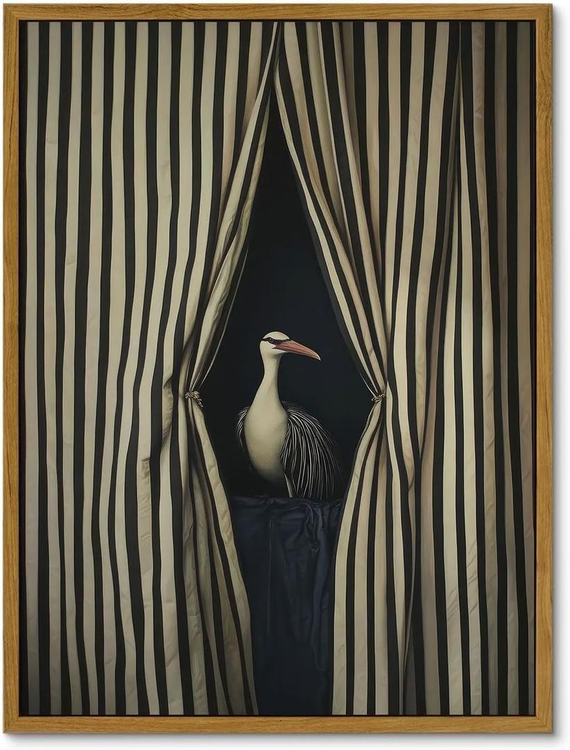 Framed Vintage Eclectic Bird Wall Art Whimsical Elegant Animal Poster Prints Humorou Grey Heron Picture Funny Quirky Artwork Painting Wall Decor for Bathroom Bedroom Kitchen Dorm 12x16in