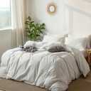 MooMee Striped Duvet Cover Set 100% Washed Cotton Linen Like Textured Breathable Durable Soft Comfy (White Dark Grey Wide Stripes, Queen 90"x90")