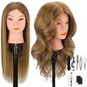 Mannequin Head with 100% Real Hair for Cosmetology, CENOZ 18" Light Brown Hairdresser Training Head with Clamp Holder and Tool, Doll Head Mannequin Head for Hair Styling Practice