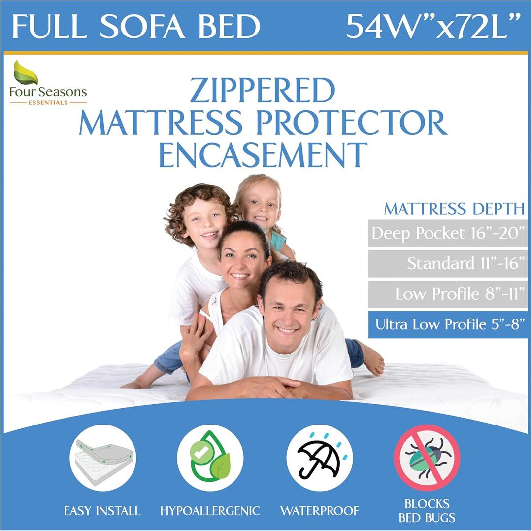 Sleeper Sofa Full Size Mattress Protector 54" Wx72 Lx5 D - Waterproof Zippered Encasement Premium Quality Bed Cover Protects Against Dust, Allergens White