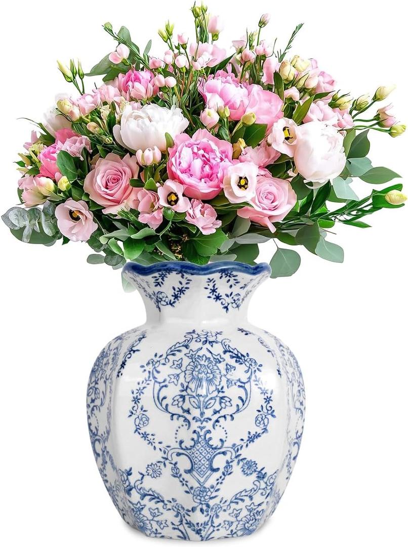 Chinoiserie Ceramic Vase,Blue and White Vase,Vintage Vases,Flower Vase for Centerpiece,Chinese Cute Vases for Living Room, Office,Home Decor,French Country Decor (Blue White, Small)