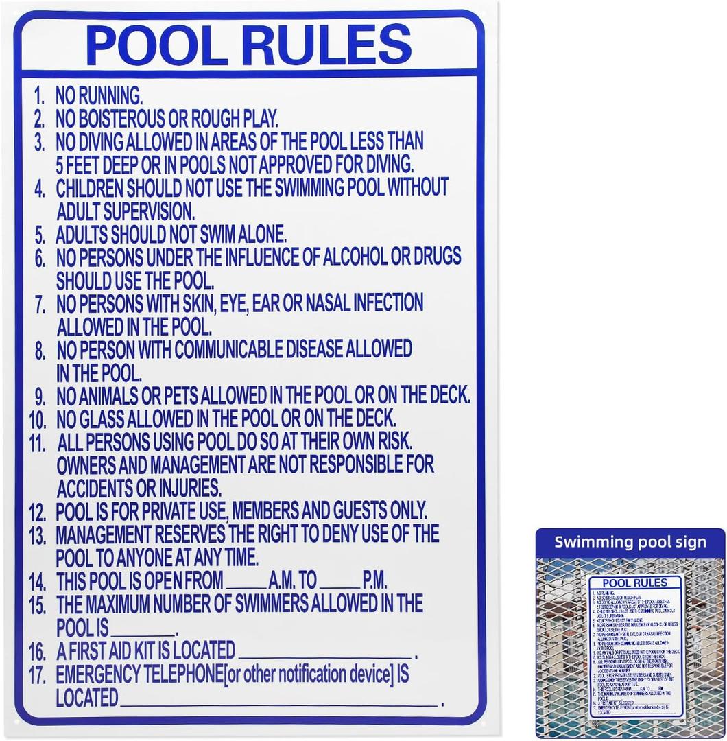24 x 36 Inch North Carolina Pool Rules Signs Metal Pool Rules with Pre-cleared Holes for Outside Outdoor, Screen Printed, 80 Mil Laminated Rustproof Aluminum