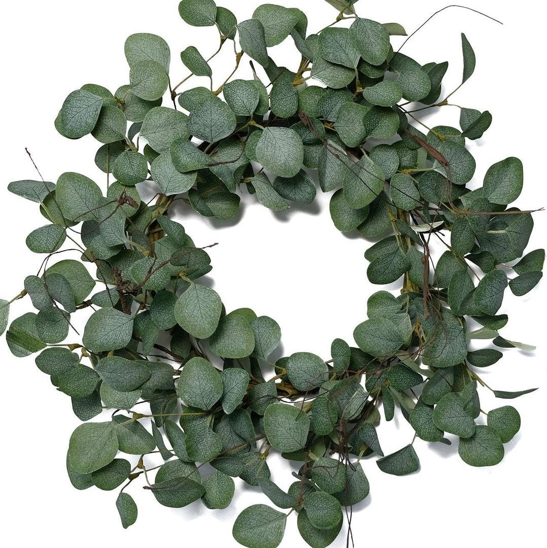 Idyllic Eucalyptus Leaves Wreath Metal Polyester Fabric Paper Round Green Wreath 22 Inches for The Front Door Decor