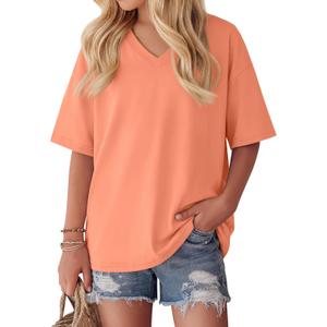 Oakgarden Girls' Shirts 5-14 Years Oversized Short Sleeve Summer T-Shirts V Neck Drop Shoulder Top Kids Casual Basic Cute Tee (Orange)