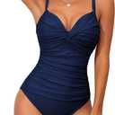 Firpearl Underwire Swimsuits for Women Ruched Tummy Control One Piece Bathing Suits Push Up Twist Front Swimwear (6, Navy)