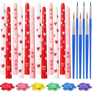 Treela 84 Pcs Galentine's Day DIY Candle Painting Kit Include 10 Inches White Pink Red Taper Candles 60 Colored Tealight Candle 12 Paint Brushes for Valentines Gifts Adult Crafts Centerpieces