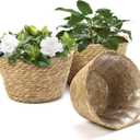 Athaliah Plant Basket Set of 3, Indoor Woven Planter Baskets with Plastic Liner, Water Hyacinth and Corn Husk Decorative Pots for Rustic Home & Floor Plant Decor (Natural Color-3)