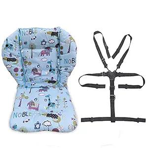 twoworld Baby High Chair Seat Cushion Liner Mat Pad Cover Resistant and High Chair Straps (5 Point Harness) 1 Suit (Blue Animal)