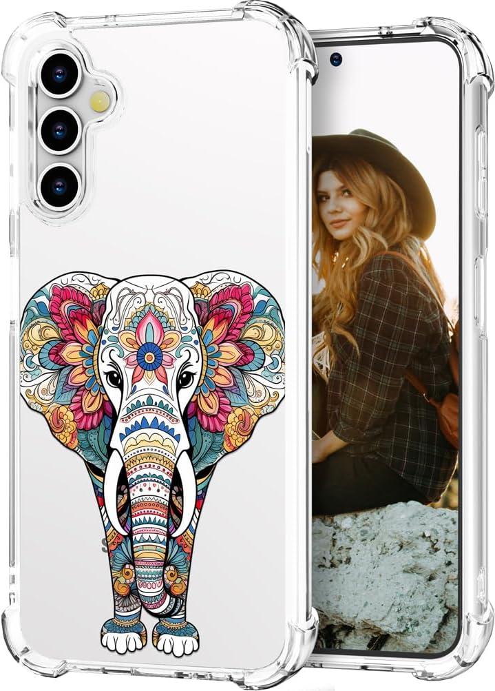 Hungo Compatible for Samsung Galaxy S24 FE Case for Women Girls Clear Design Cute,Girly S24FE Protector Mandala Floral Elephant Animal Flower Ethnic Indian