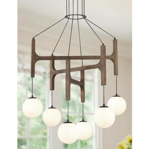 Large Black Farmhouse Wood Chandelier, 6-Lights Rustic Dining Room Light Fixtures Over Table Hanging, Industrial Milk Glass Globe Chandelier for Kitchen Island Living Entryway Stairwell