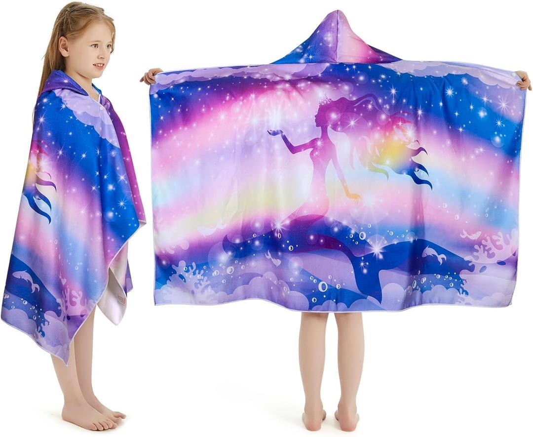 Mermaid Hooded Towel, Oversized 50" L x 30" W for Ages 3 to 12 Kids, Mermaid Theme -1Pack