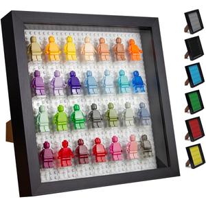 Black Wooden Minifigure Display Case - Memorabilia Display Case for Figures - 11 x 11 Inch Shadow Box Frame - Wall and Table Top With Dust Protection - Up To 28 Figures (White Base, 4Cm Depth)