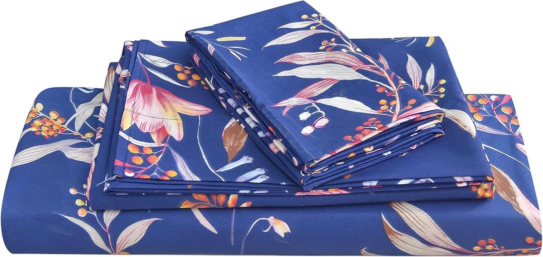 JSD Navy Floral Sheet Set King Size, 4 Piece Soft Printed Microfiber Sheets Extra Deep Pocket (Blue Flower)