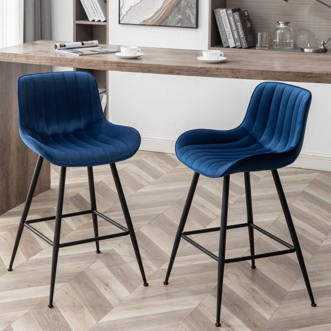 Bar Stools Set of 2 - Luxury Counter Height 24 Inch Seat Height Upholstered Velvet Barstools for Kitchen Island, Home Bar, Pub (Blue)