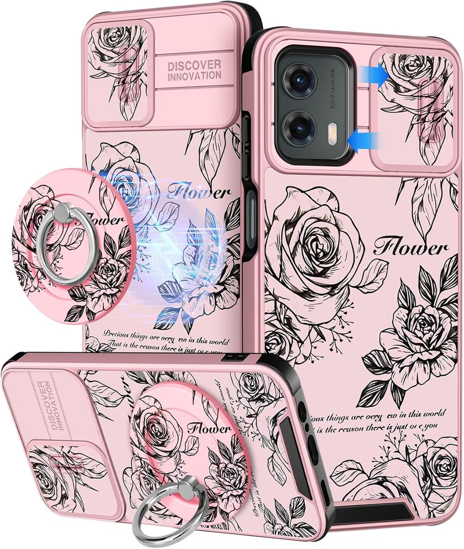 Buleens for Moto G 5G 2024 Case 6.6 Inch - with Ring Stand & Camera Cover Aesthetic Cute Designed Women Girls Girly Pretty Kawaii Rose Flowers Phone Case for Motorola G 5G 2024 Compatible with Magsafe (for Motorola Moto G 5G 2024, Line Roses)