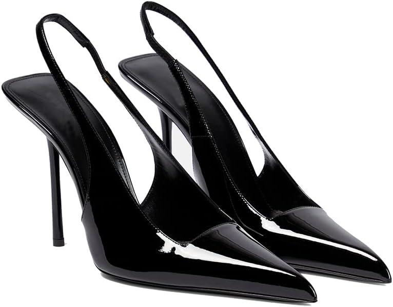 THESHY Women's Pointed Toe High Stiletto Heels Slingback Stretch Slip-on Pumps Backless Patent Leather Fashion Dress Shoes for Women, Black, Size 10