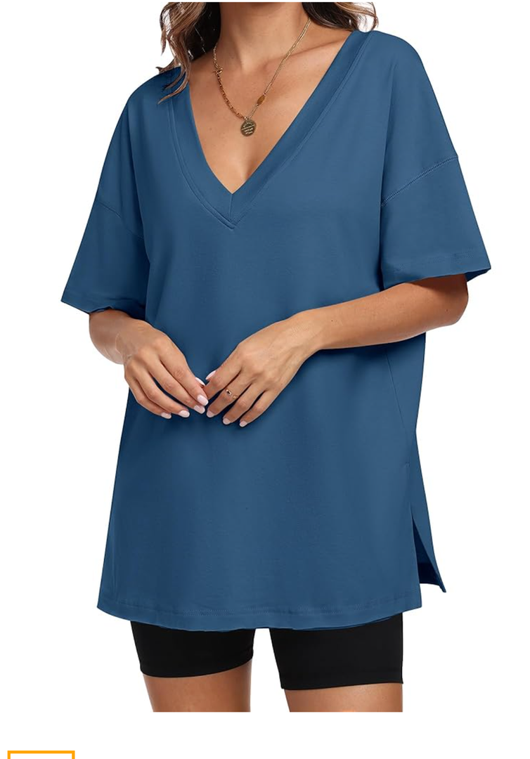 ANRABESS Women's Oversized T-Shirt Short Sleeve V Neck Loose Baggy Reversible Tops Casual Tee Shirts Summer Outfits 2025,  Small, Blue  