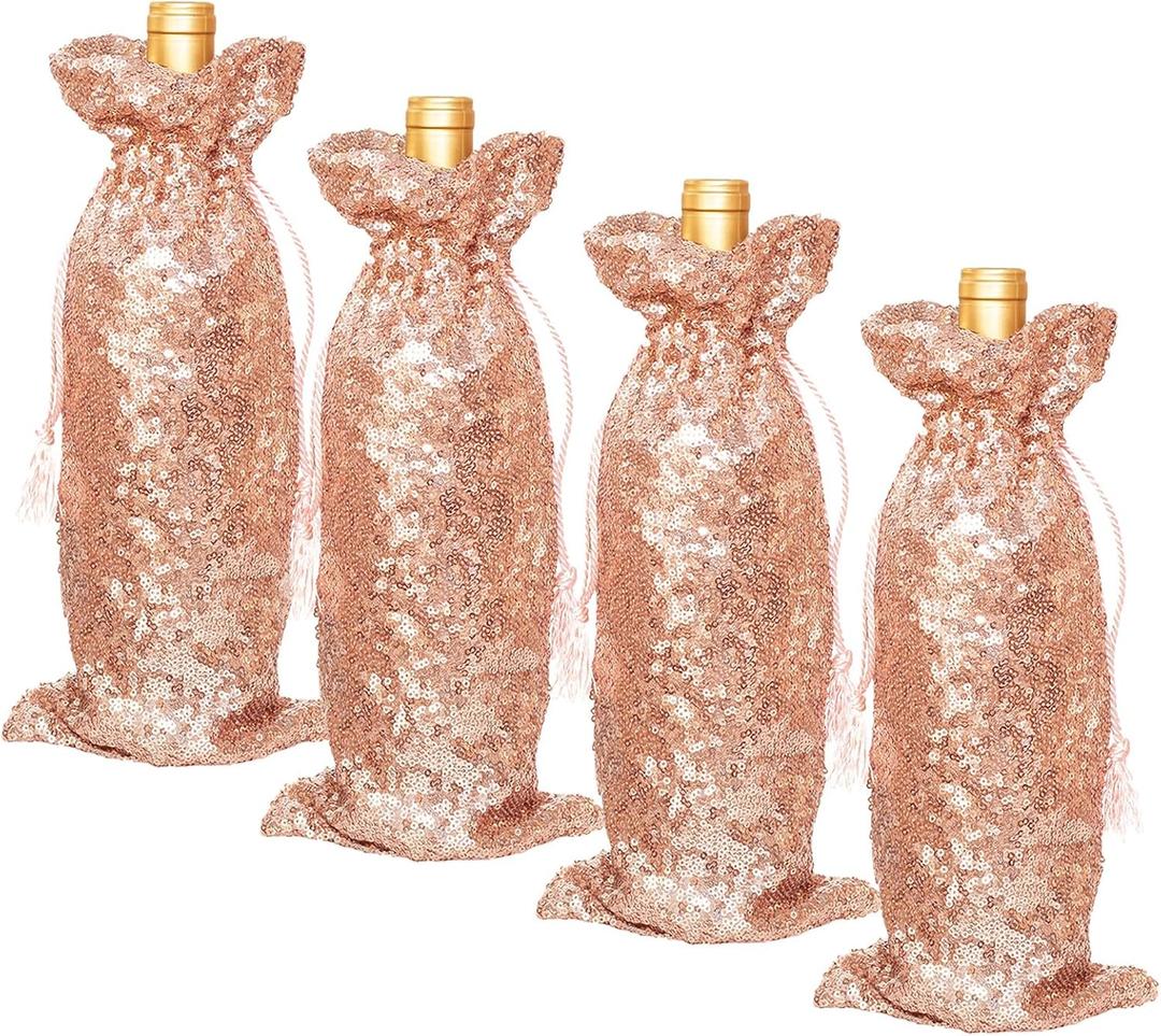 SquarePie Rose Gold Sequin Wine Gift Bag 4 Pcs with Drawstrings 5.5 x 14 Inch Glitter Bottle Covers for Christmas Wedding Birthday