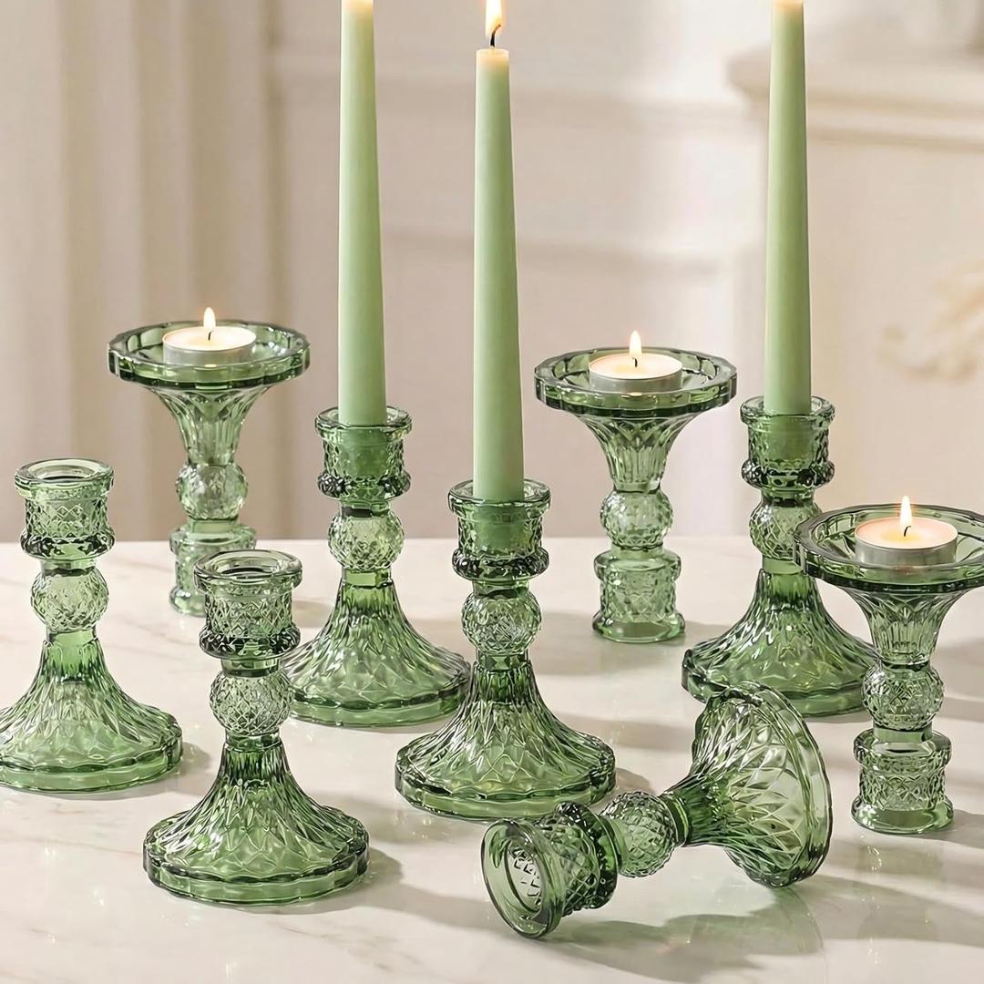 Glass Candle Holder Set of 12, Green Taper Candle Holders Bulk, Vintage Candlestick Holders, Candle Stick Holder for Table Centerpieces, Wedding, Festival & Home Decor