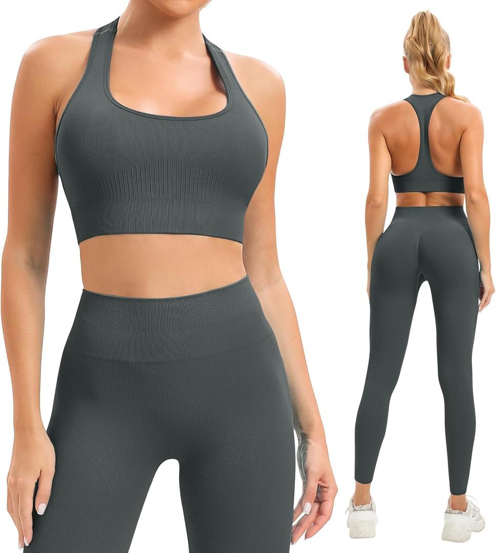 Women Workout Sets 2 Piece Long Legging Matching Gym Yoga Pilates Outlifs (S65L-Black) Small
