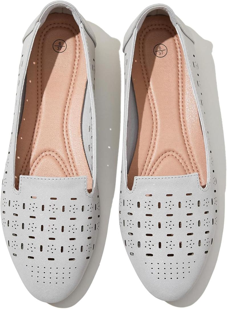 Rominz Women's Flats Shoes Comfortable Black PU Leather Ballet Flats for Women Casual Round Toe Dress Shoes Slip on Shoes Lightweight Foldable(Grey,US5)